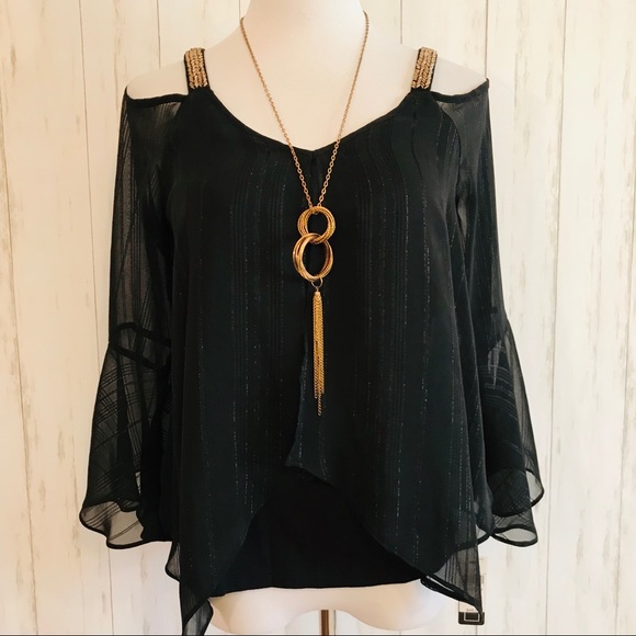 NWT A. Byer Black Flowy Blouse Beaded - Picture 1 of 7